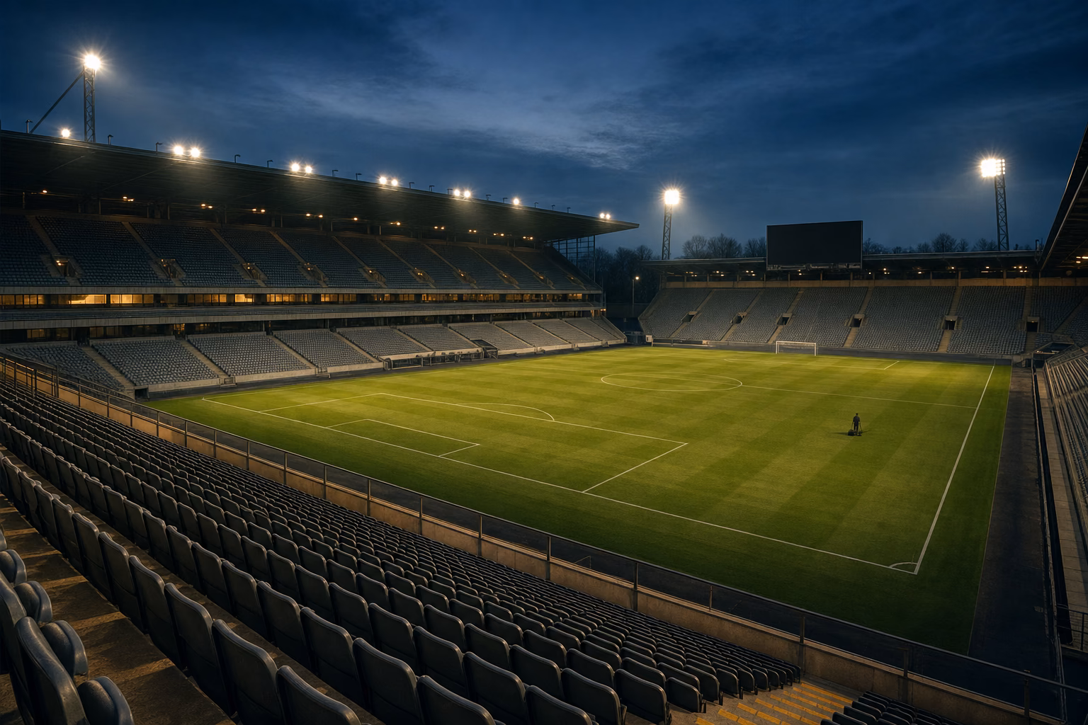 Stadion de fotbal gol la ora albastră, cu nocturna aprinsă înainte de meci