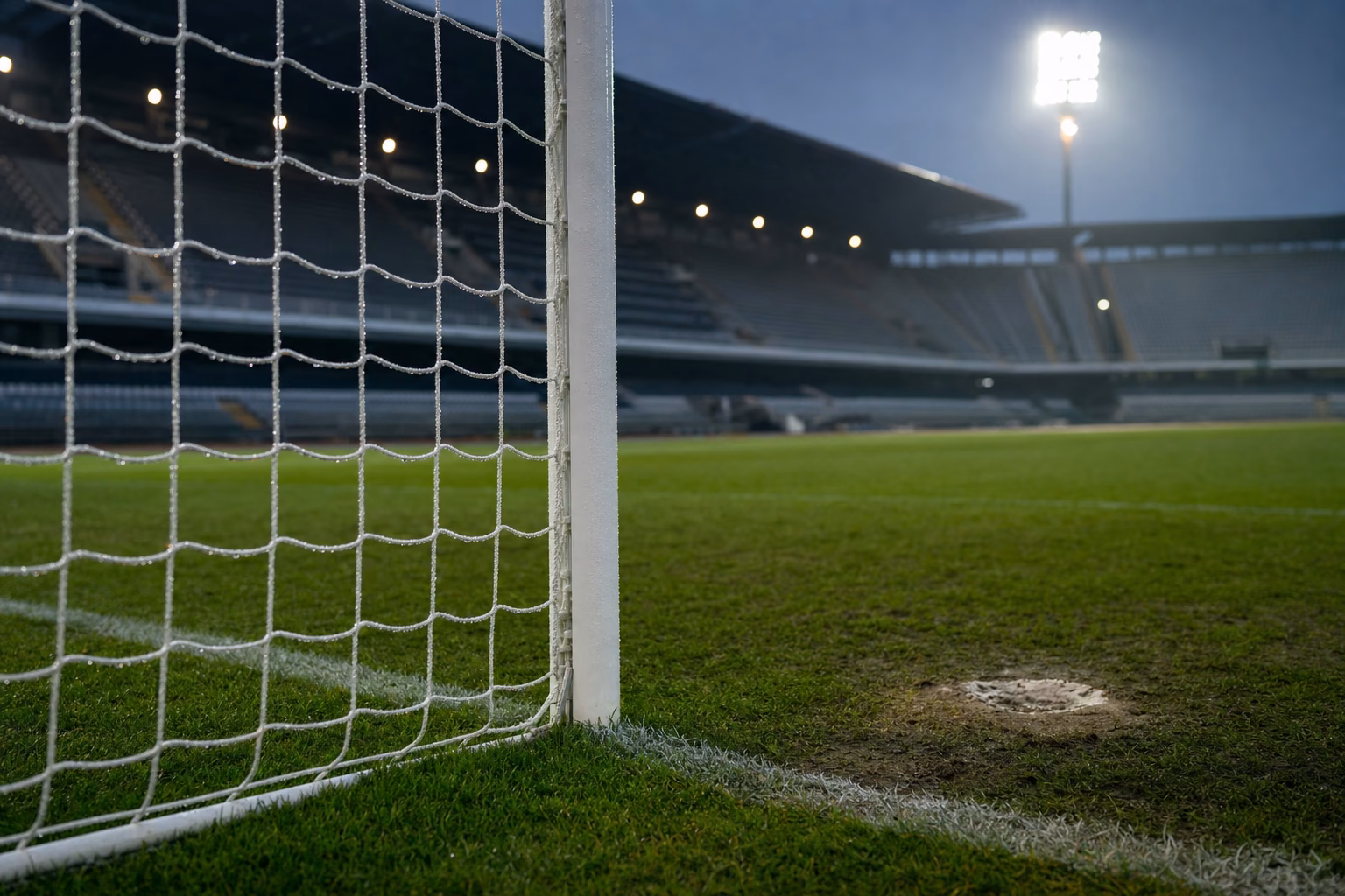 Poarta unui stadion de fotbal gol, sub nocturnă, înainte de meci